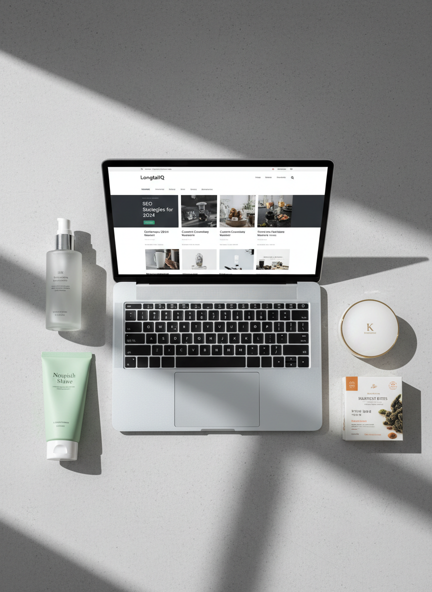 A flat-lay composition of a structured, minimalist workspace featuring a sleek silver laptop displaying the LongtailQ homepage, with its clean blog layout and neutral color palette clearly visible. Around the laptop are neatly arranged product samples: a frosted glass skincare bottle, a matte pastel shampoo tube, a compact K-beauty cushion case, and a small box of premium Korean snacks with subtle typography. Everything rests on a pale grey textured desk surface with clean lines and no clutter. Soft, diffused daylight from an unseen window to the left creates gentle shadows and balanced highlights. The mood is professional and calm, emphasizing clarity and trust. Shot from a perfectly overhead, bird’s-eye view with sharp focus throughout, in a photographic realism style that reinforces a corporate, editorial aesthetic.