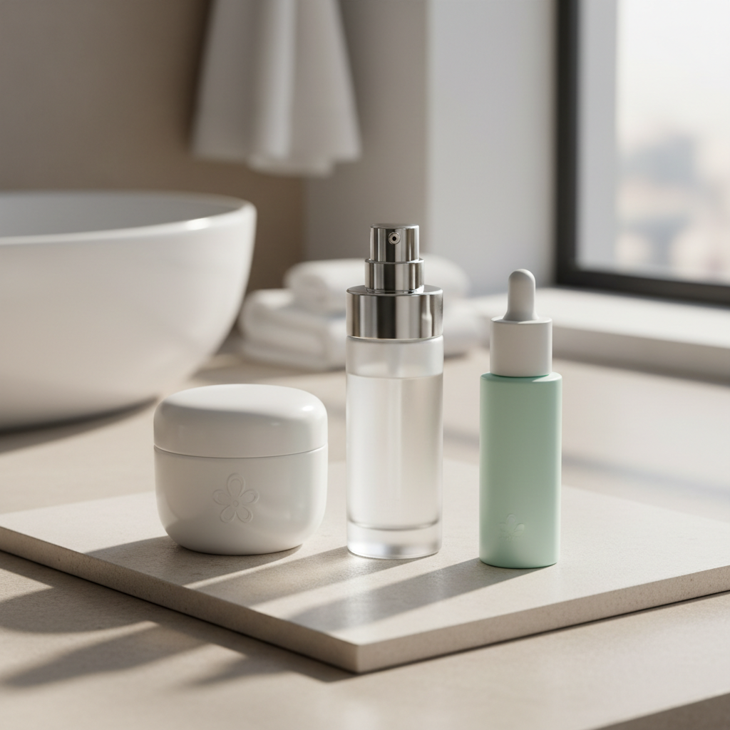 A close-up, professional still life of three K-beauty skincare products arranged in a balanced triangle on a smooth, light beige stone slab. A frosted glass serum bottle with a metallic pump, a glossy white cream jar with embossed branding, and a slim pastel-toned essence bottle form the focal group. Behind them, a blurred, neutral-toned background suggests a modern bathroom counter. Diffused natural light from the right creates soft reflections on the glass and gentle shadows that define each object’s shape. The mood is refined and clinical yet inviting, emphasizing product quality. Shot at a slightly elevated angle with shallow depth of field, the foreground products are razor-sharp while the background melts into soft bokeh. The style is photographic realism with a minimalist, high-end, corporate aesthetic.