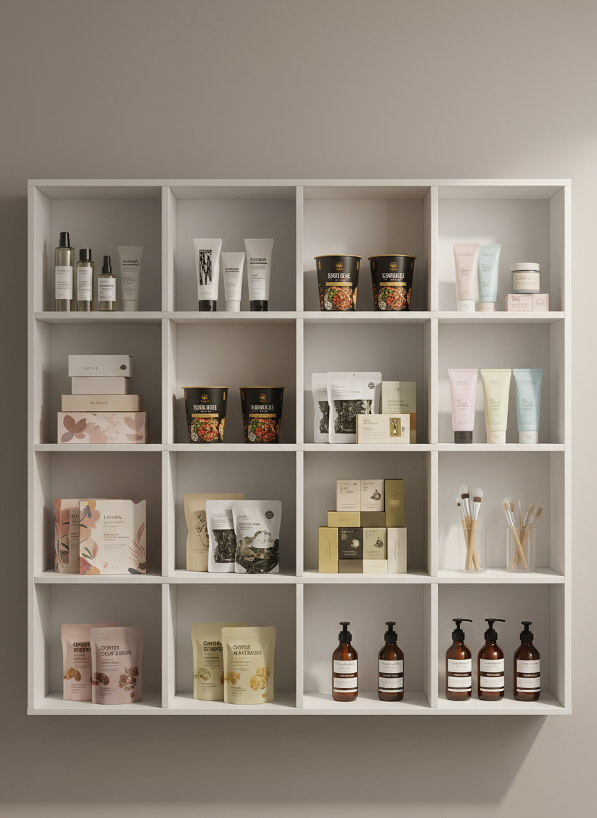 A pristine, white shelving unit with clean, geometric compartments displaying a curated selection of food, personal-care, beauty, K-food, and K-beauty products. Each product stands upright with labels facing forward: minimalist toner bottles, elegantly boxed sheet masks, neatly stacked ramen cups with refined packaging, and understated organic snack pouches. The background wall is a soft warm grey, emphasizing neutral tones and clean lines. Soft studio lighting from above and slightly to the right creates subtle highlights on the product surfaces and controlled, gentle shadows behind them. The composition uses a straight-on, eye-level perspective with perfect symmetry, evoking a structured, catalog-like feel. The atmosphere is professional, orderly, and trustworthy, presented in high-resolution photographic realism with a modern corporate aesthetic.